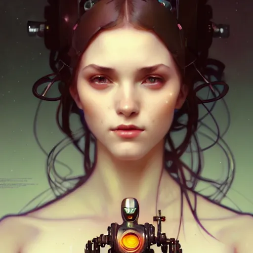 Image similar to portrait of beautiful girl with robot body by artgerm and greg rutkowski and alphonse mucha, close up, portrait, cinematic, elegant, artstation, intricate, highly detailed, digital painting, artstation, concept art, sharp focus, illustration, cyberpunk, cgsociety, 8 k