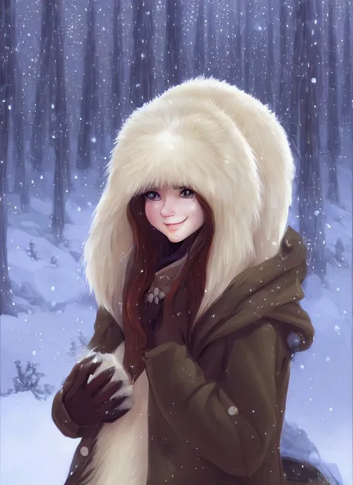 Image similar to award winning beautiful portrait commission art of a female furry anthro polar bear fursona with a cute beautiful attractive detailed feminine furry face wearing cute stylish winter clothes at a comfy winter cabin at dusk by firelight. Character design by charlie bowater, ross tran, artgerm, and makoto shinkai, detailed, inked, western comic book art