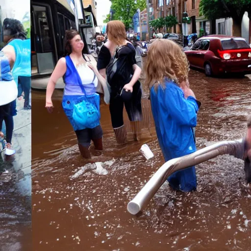 Prompt: people on street get sink on chocolate liquid rain, flooded with chocolate