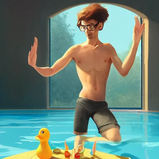 Prompt: a beautiful cute german guy with very long chestnut! hair, with glasses and goatee, attending a swimming pool yoga course, playing with rubber duck, digital painting, concept art, matte, artgerma and greg rutkowski