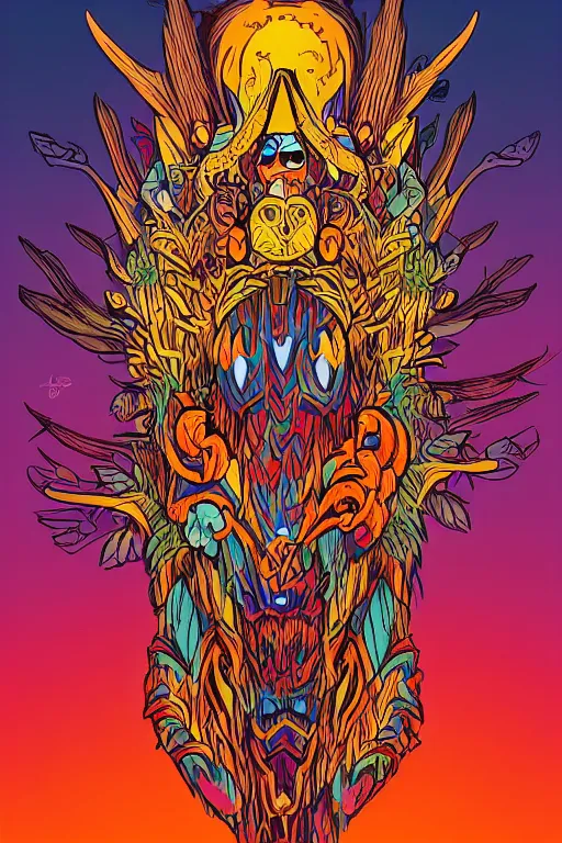 Image similar to animal mask totem roots flower tribal feather gemstone plant wood rock shaman vodoo video game vector cutout illustration vivid multicolor borderlands comics by josan gonzales and dan mumford radiating a glowing aura