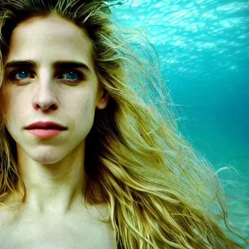 Image similar to beautiful extreme closeup portrait photo in style of frontiers in human near death molecular science magazine underwater brit marling edition, highly detailed, focus on face, soft lighting,