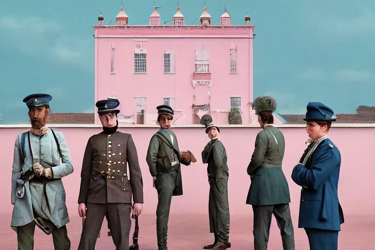 Image similar to wide-shot concept image of a constable in a movie directed by Wes Anderson, symmetrical shot, idiosyncratic, relentlessly detailed, pastel colour palette, detailed perfect face, movie still frame, promotional image, imax 70mm footage