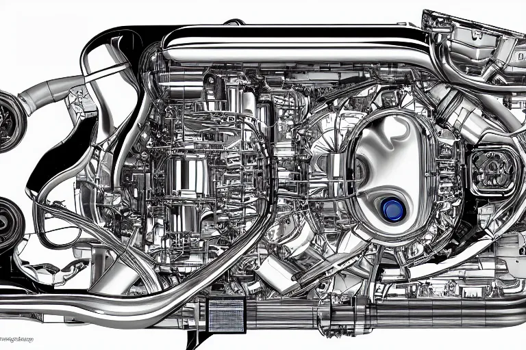 Image similar to f1 engine cutaway illustration by jean giraud moebius engineering black and white chrome