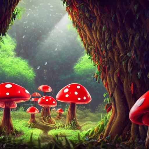 Prompt: a magical forest of giant red and white spotted mushroom, exotic foliage, Mario walking along path, mushroom kingdom theme, piranha plants hanging from vines, artstation, matte painting, colorful, beautiful, cinematic lighting