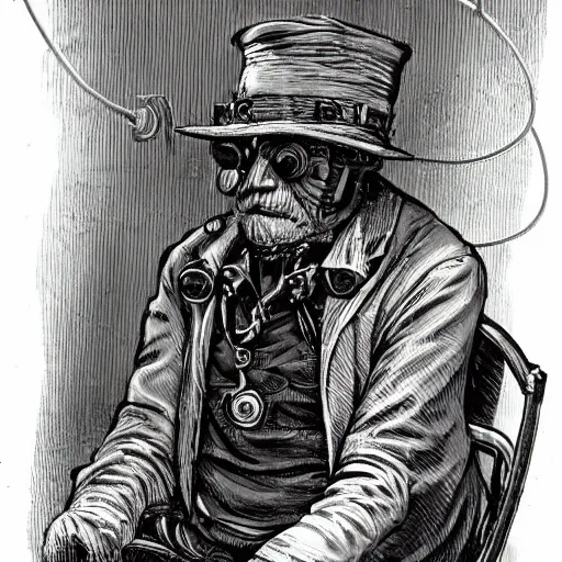 Prompt: Old wrinkled man asleep in steampunk outfit, attached to wires. Dark, intricate, highly detailed, smooth, in style of Stanislav Vovchuk