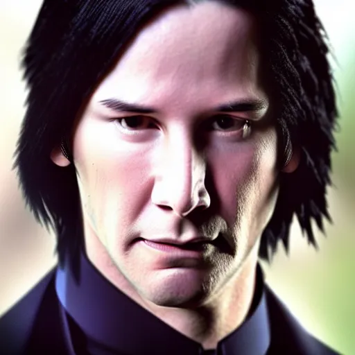 Image similar to Film Still of a Young Keanu Reeves playing a Young Severus Snape in Harry Potter, Film Still, realistic, hyperrealistic, very realistic, very very realistic, highly detailed, very detailed, extremely detailed, detailed, detailed face, very detailed face, very detailed face, realism, HD Quality, 8k resolution, intricate details, body and head in frame, Real Life