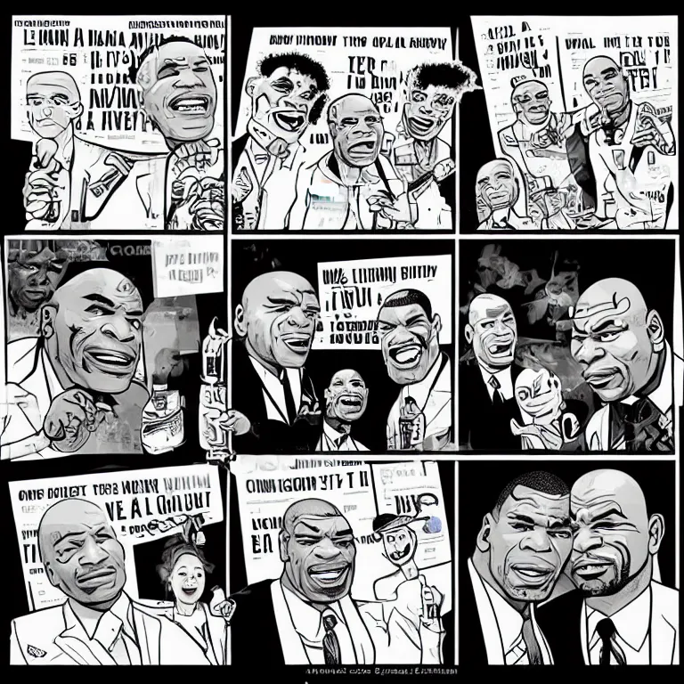 Image similar to Joe Rogan, Mike Tyson and an Alien in the style of a newspaper cartoon.