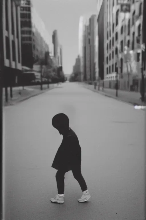 Prompt: photo polaroid of sad and lonely child in the middle of an empty street in a big city, photorealistic, 35mm film, black and white, polaroid,