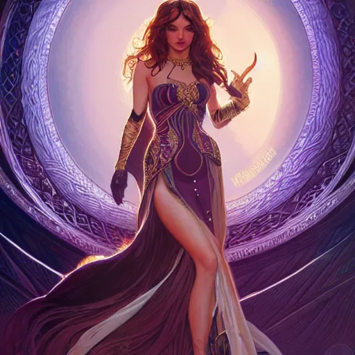 Image similar to Katherine McPhee as a fantasy magic woman portrait, sci-fi, amber eyes, face, long hair, fantasy, intricate, elegant, highly detailed, digital painting, artstation, concept art, smooth, sharp focus, illustration, art by artgerm and greg rutkowski and alphonse mucha