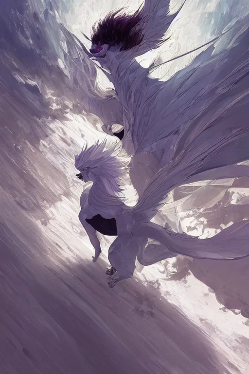 Prompt: vanishing point, white hair eva riding on the white dragon's neck ready to fight, by victo ngai and makoto shinkai, partner, adiant light, minimalist, unreal engine 5, concept art ， highly rendered,, digital painting, artstation, concept art, smooth, sharp foccus, artstation hq