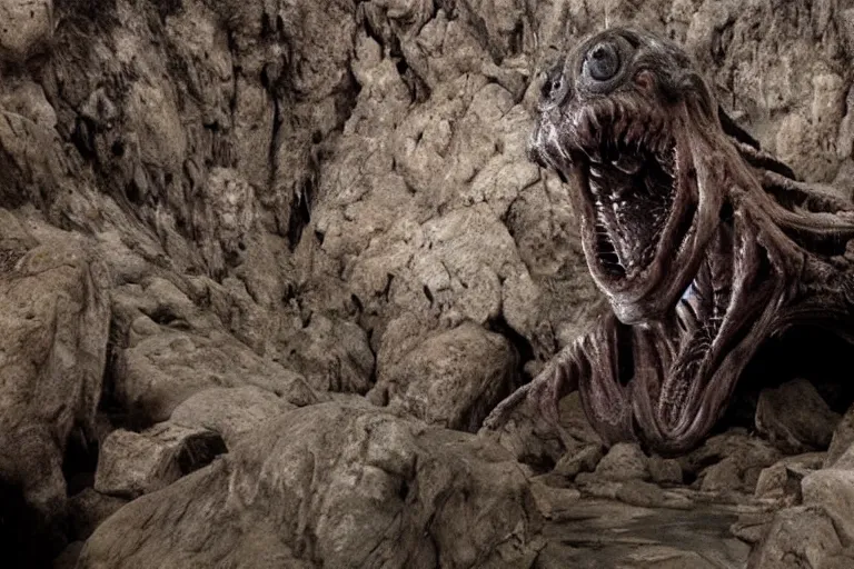 Prompt: vfx movie scene closeup monstrous alien creature in underground rocky cave. by emmanuel lubezki