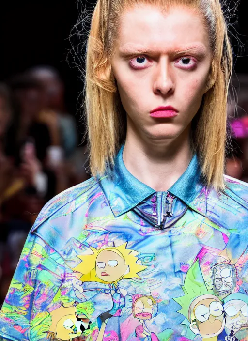 Image similar to hyperrealistic and heavy detailed balenciaga runway show of rick and morty , Leica SL2 50mm, vivid color, high quality, high textured, real life