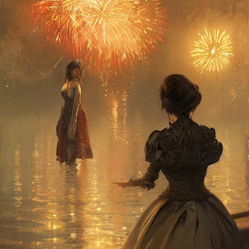 Image similar to a beautiful realistic painting of a firework festival at night time koyosan, intricate, elegant, highly detailed, digital painting, artstation, nier automata concept artsyle, by krenzcushart, artem demura, makoto shinkai, alphonse mucha