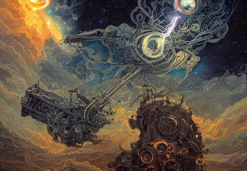 Prompt: a black hole radiating long chrome shards deep in space, cybernetic skeleton in meditation pose, rays of god, complex streams of cumulus cosmic nebulae clouds, dan mumford and karol bak and peter mohrbacher and yuuki morita and alphonse mucha, dusk, eclipsed star, hyperdetailed, smooth, volumetric lighting