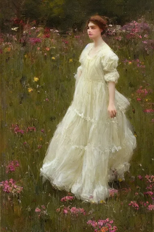 Prompt: Richard Schmid and Jeremy Lipking full length portrait painting of a young beautiful edwardian girl walking through a field of flowers