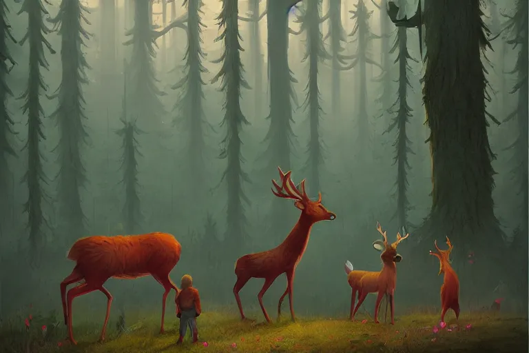 Image similar to Meeting the Forest Guardian, by Simon Stålenhag. Trending on artstation, children book illustration, spirit deer