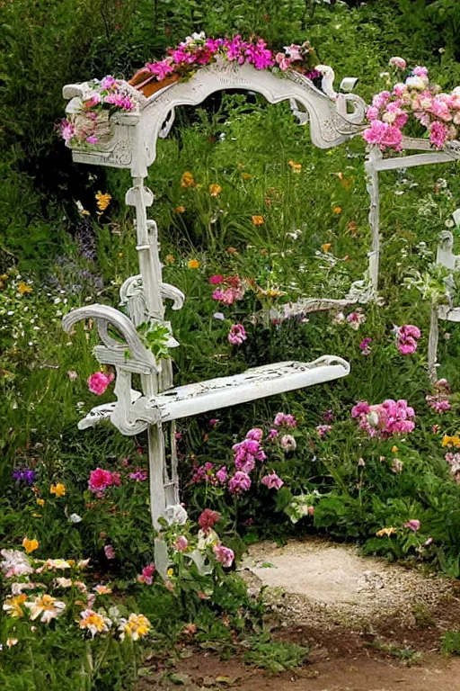 Prompt: whimsical bench in the garden of love flowers by jean - baptiste monge