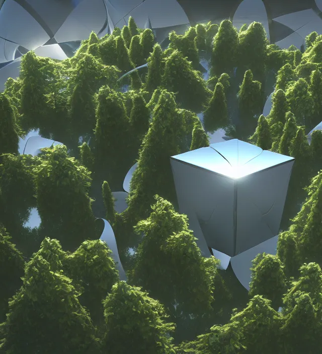 Prompt: hyperbolic megastructures and hyper cube architecture structures in rhythmic intervals aligned with trees and wildflowers, by glenn small, by albert bierstadt zaha hadid, photorealism, octane render, unreal engine, volumetric light, depth of field, volumetric clouds, god rays, lens flares, detailed, intricate, digital art, twin motion, megascan, high resolution, aerial view