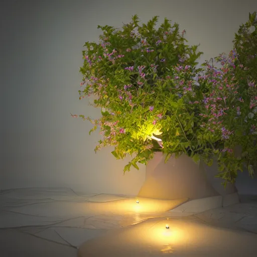 Image similar to Luminescent flower blooming at twilight, realism, photorealism, f 3.5, photography, octane render, highly detailed, vray, volumetric lighting, unreal engine