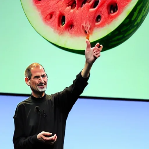 Image similar to steve jobs presenting apple's new product, a watermelon with a propeller on it