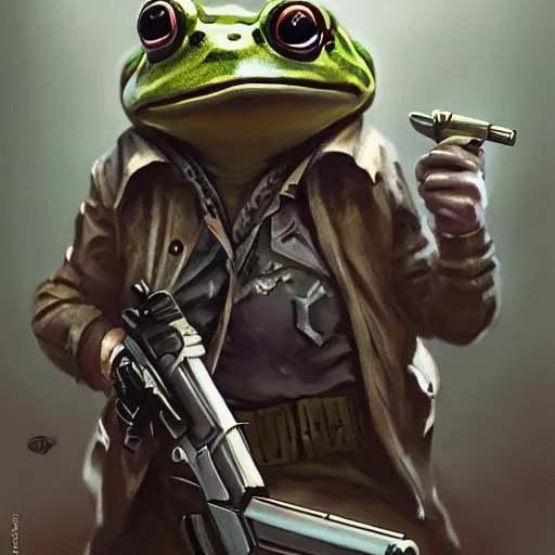 Prompt: badass gangsta frog. a frog mafia boss holding gun. nuri iyem, james gurney, james jean, greg rutkowski, anato finnstark. 5 0 mm