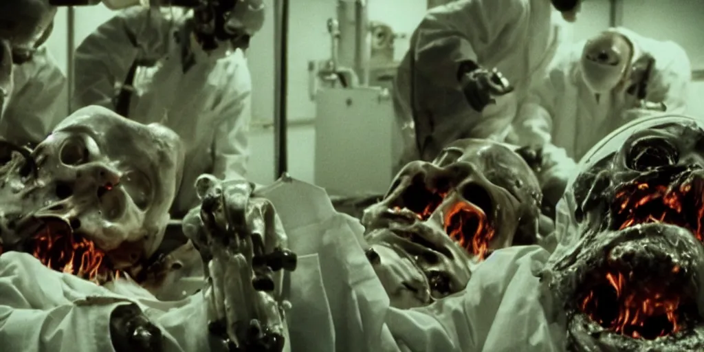 Image similar to filmic closeup dutch angle movie still 4k UHD 35mm film color photograph of 3 doctors burning alive inside of a science lab, melted and charred flesh, screaming in agony, in the style of a 1980s horror film