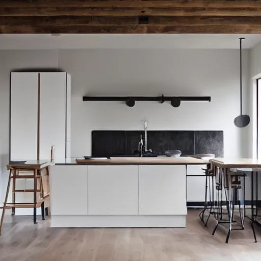 Prompt: luxury bespoke kitchen design, modern rustic, Japanese and Scandinavian influences, understated aesthetic, innovative materials and texture, by Roundhouse Design and Charles Yorke and Davonport