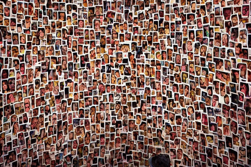 Prompt: a wall covered in hundreds of photos of people holding hotdogs