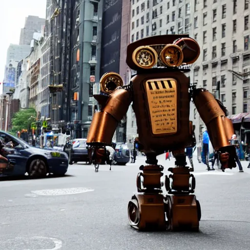 Prompt: a steampunk robot walking up a street in New York city.