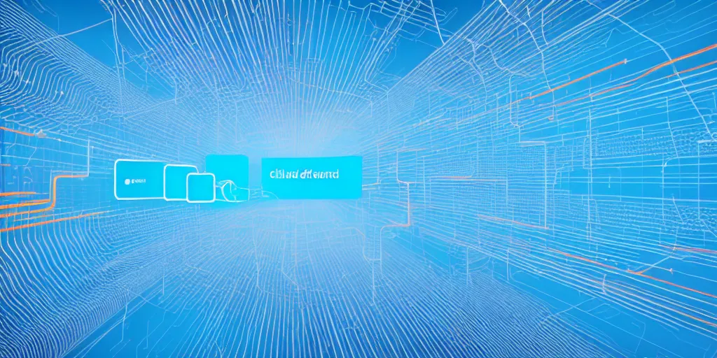 Prompt: Servers connected to a cloud, nodes, network pattern at the background. Minimalistic design, contemporary design, abstract design, parallax. Blue, cyan and orange palette. Vivid, 8K, Epic, Masterpiece