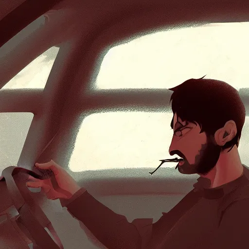 Image similar to saudi arab man smoking inside a car, anime digital art in the style of greg rutkowski and craig mullins, 4 k