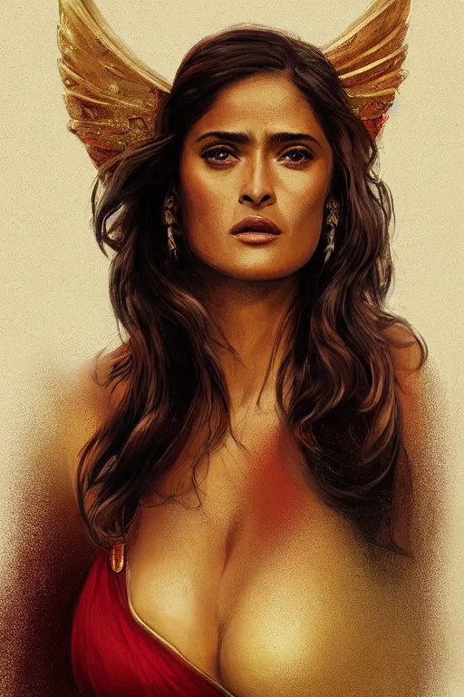 Prompt: portrait, Salma Hayek , Fantasy Queen , wearing a red and gold dress , face portrait, raphael lacoste, eddie mendoza, alex ross, concept art, matte painting, highly detailed, rule of thirds, dynamic lighting, cinematic, detailed, denoised, centred