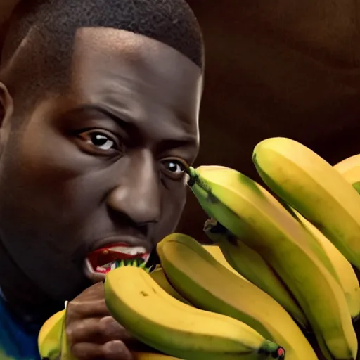 Image similar to angry gucci mane eating bananas in the hood, 8k resolution, full HD, cinematic lighting, award winning, anatomically correct