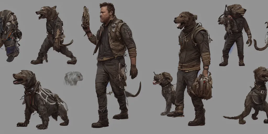 Image similar to cartoonish chris pratt walking five dogs, character sheet, fine details, concept design, contrast, kim jung gi, greg rutkowski, trending on artstation, 8 k, full body, turnaround, front view, back view, ultra wide angle
