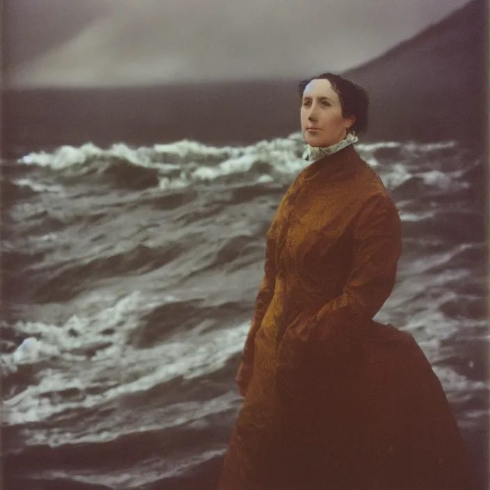 Prompt: a closeup portrait of a woman wearing wrapped in plastic, standing in front of a giant tsunami wave, color photograph, by james abbott mcneill whistler, canon eos c 3 0 0, ƒ 1. 8, 3 5 mm, 8 k, medium - format print