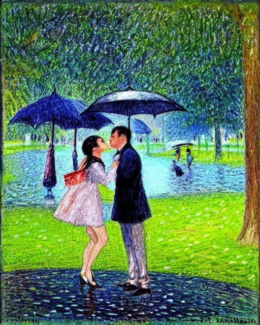 Prompt: raindrops, rain, square, park, lake, man and woman under a black umbrella, trees, kiss, paths, lake, impressionism.