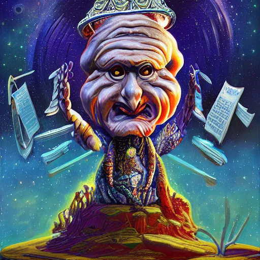 Prompt: rich extraterrestrial religious pope before assembled crowds, on ancient post - apocalyptic planet, jim henson creature shop, vivid and colorful, thomas kincaid, cinematic, oil painting, highly detailed, illustration