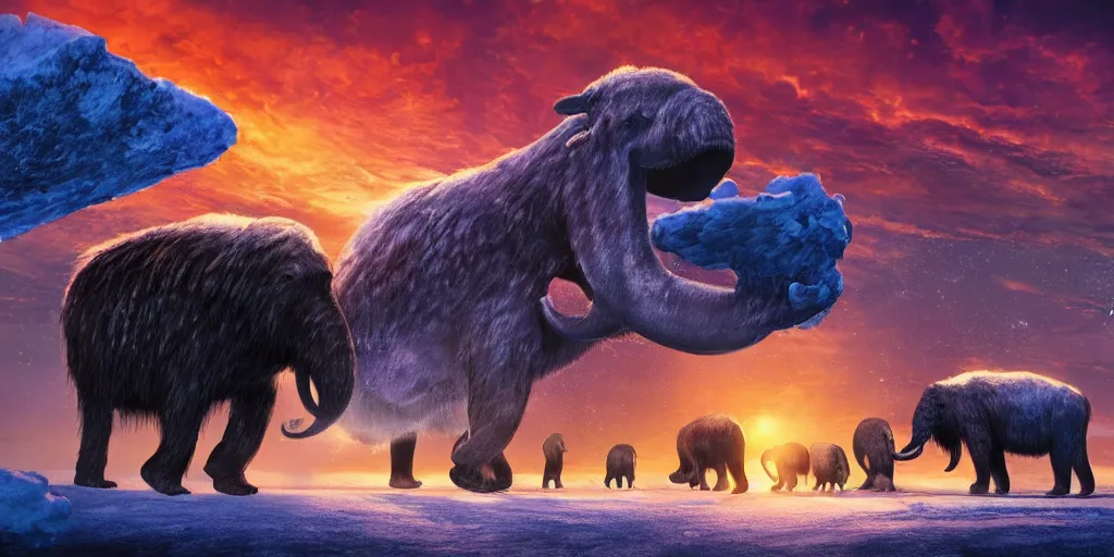 Image similar to digital art, trending on artstation, sunset at the north pole with some mammoths in the background walking while a giant meteorite falls from the sky in the background