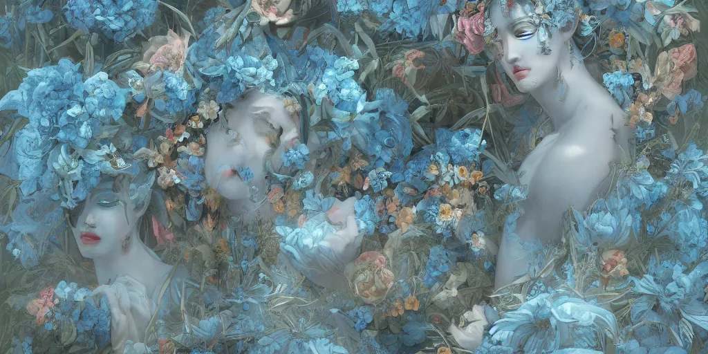 Image similar to breathtaking detailed concept art painting art deco pattern of faces goddesses amalmation light - blue flowers with anxious piercing eyes and blend of flowers and birds, by hsiao - ron cheng and john james audubon, bizarre compositions, exquisite detail, extremely moody lighting, 8 k