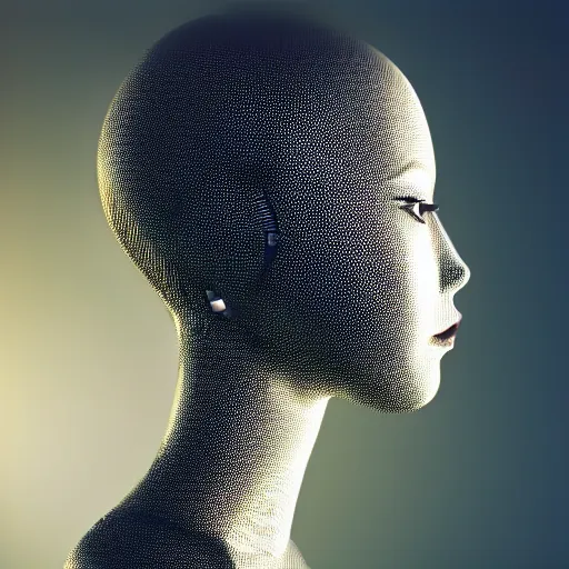 Image similar to portrait of a female android, matte, wires, side profile with high details, dramatic lighting, bloom, dark background