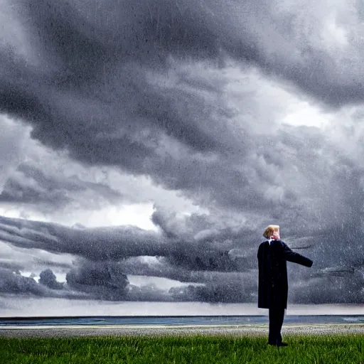 Image similar to 4 k hdr full body wide angle sony portrait of donald trump showering in a rainstorm with moody stormy overcast lighting