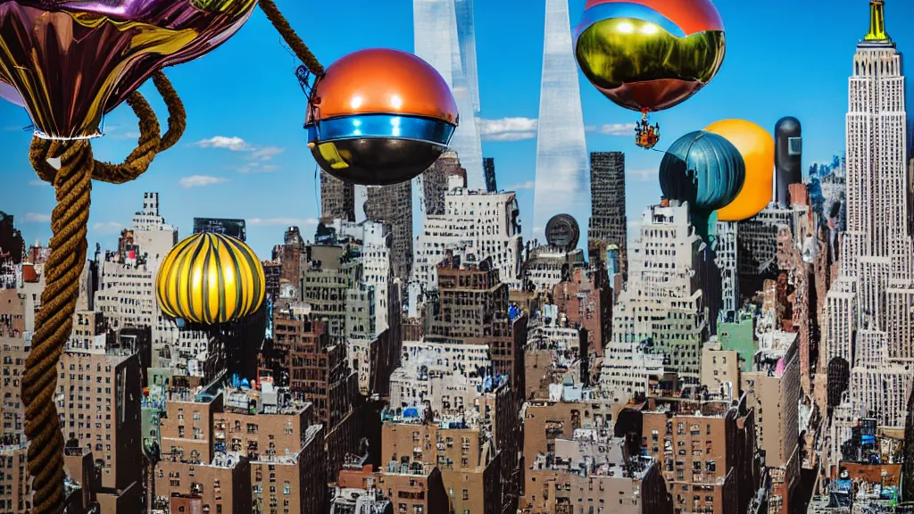 Image similar to large colorful futuristic space age metallic steampunk balloons with pipework and electrical wiring around the outside, and people on rope swings underneath, flying high over the beautiful mew york city landscape, professional photography, 8 0 mm telephoto lens, realistic, detailed, photorealistic, photojournalism