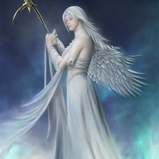 Image similar to an airbrush painting, an ultrafine detailed painting, of a white angel holding a sword and a sword, digital art by Anne Stokes, and by Hsiao-Ron Cheng , and by deviantart and by An Gyeon. Featured on devianart, featured on cgsociety, fantasy art, angelic photograph, wiccan, daz3d, mystical, tarot card, deviantart, artstation hd