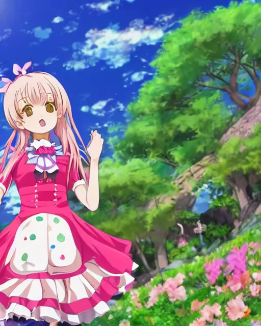 Prompt: a very cute art of a smiling anime girl idol wearing a colorful dress, walking at the garden, walking over a skeleton, in the style of anime, near a stone gate