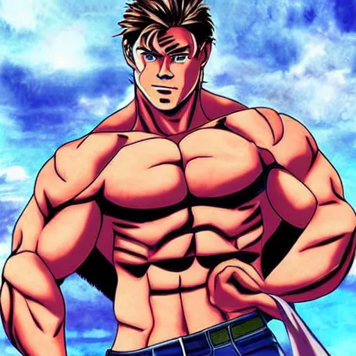 Image similar to Chris Hemsworth with a muscular body type, anime art, anime style