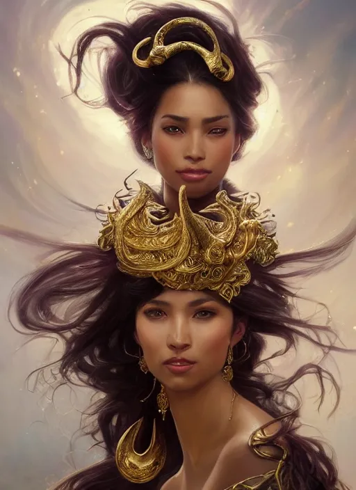 Prompt: fullbody!! dynamic movement pose, beautiful ethnic woman with flowing hair, big natural horns on her head, gold jewellery, dnd, face, fantasy, intricate, elegant, highly detailed, digital painting, artstation, concept art, smooth, sharp focus, illustration, art by artgerm and greg rutkowski and alphonse mucha