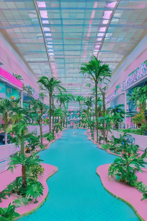Image similar to vaporwave aesthetic indoor liminal 90s mall with a lazy river, cinematography by Wes Anderson, Wide angle shot, 4k octane render, Fuji film, intricate detail, photoreal, cinematic, sublime atmosphere