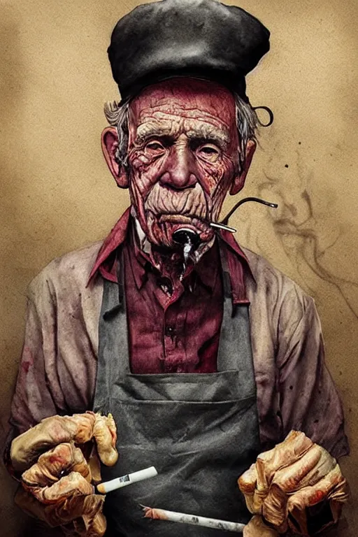 Prompt: a portrait of a very old boy butcher, smoking a cigarette, bloody apron, surrealism, dramatic lighting, textured paper, character study, watercolor painting by android jones