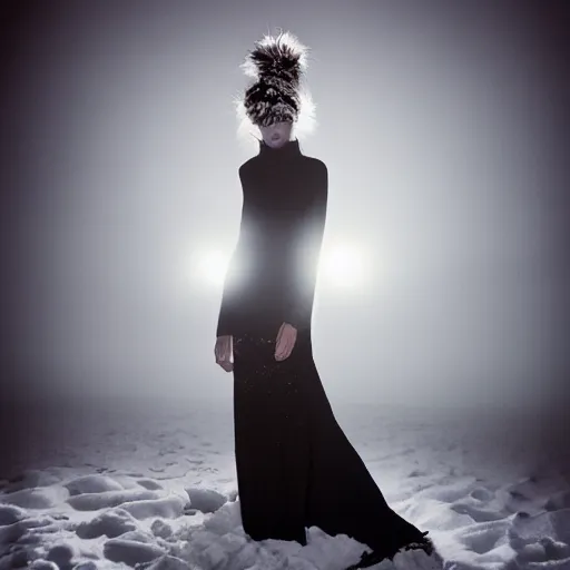 Image similar to medium format photograph of a surreal fashion shoot in the snow at night with camera flash